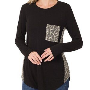Black Long Sleeve Knit Top with Leopard Contrast | NWT